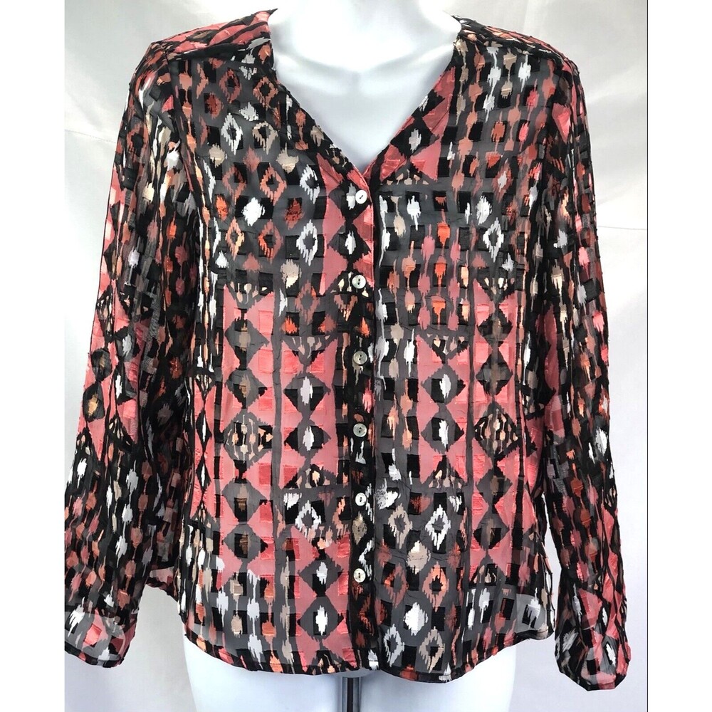 Vintage Sheer Chiffon Top 4P Blk/Orange Mod Aztec RollTab LongSleeve Boho Grunge
